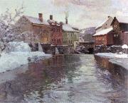 Frits Thaulow snow covered buildings by a river France oil painting artist